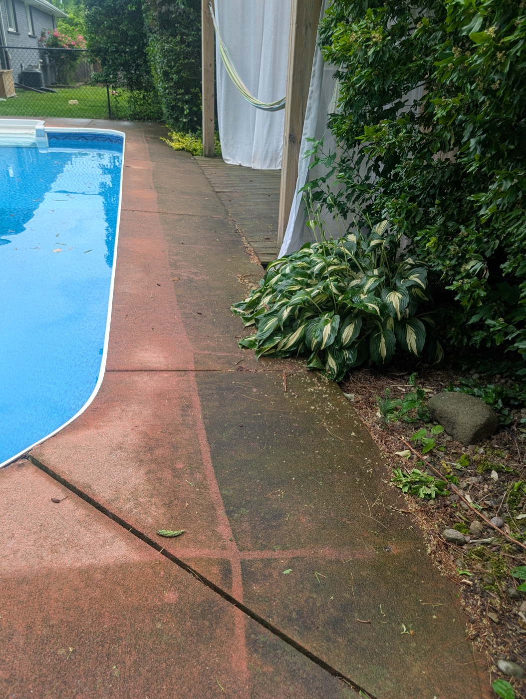 Concrete walkway beside pool before pressure washing, dirty and discoloured